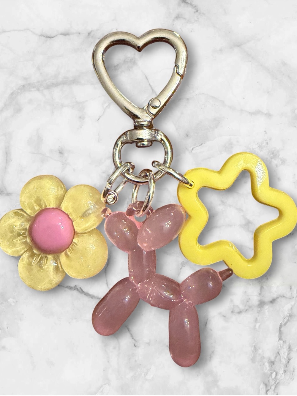 Heart-Clasp Keychain with Pink Balloon Dog and Yellow Flower Charm
